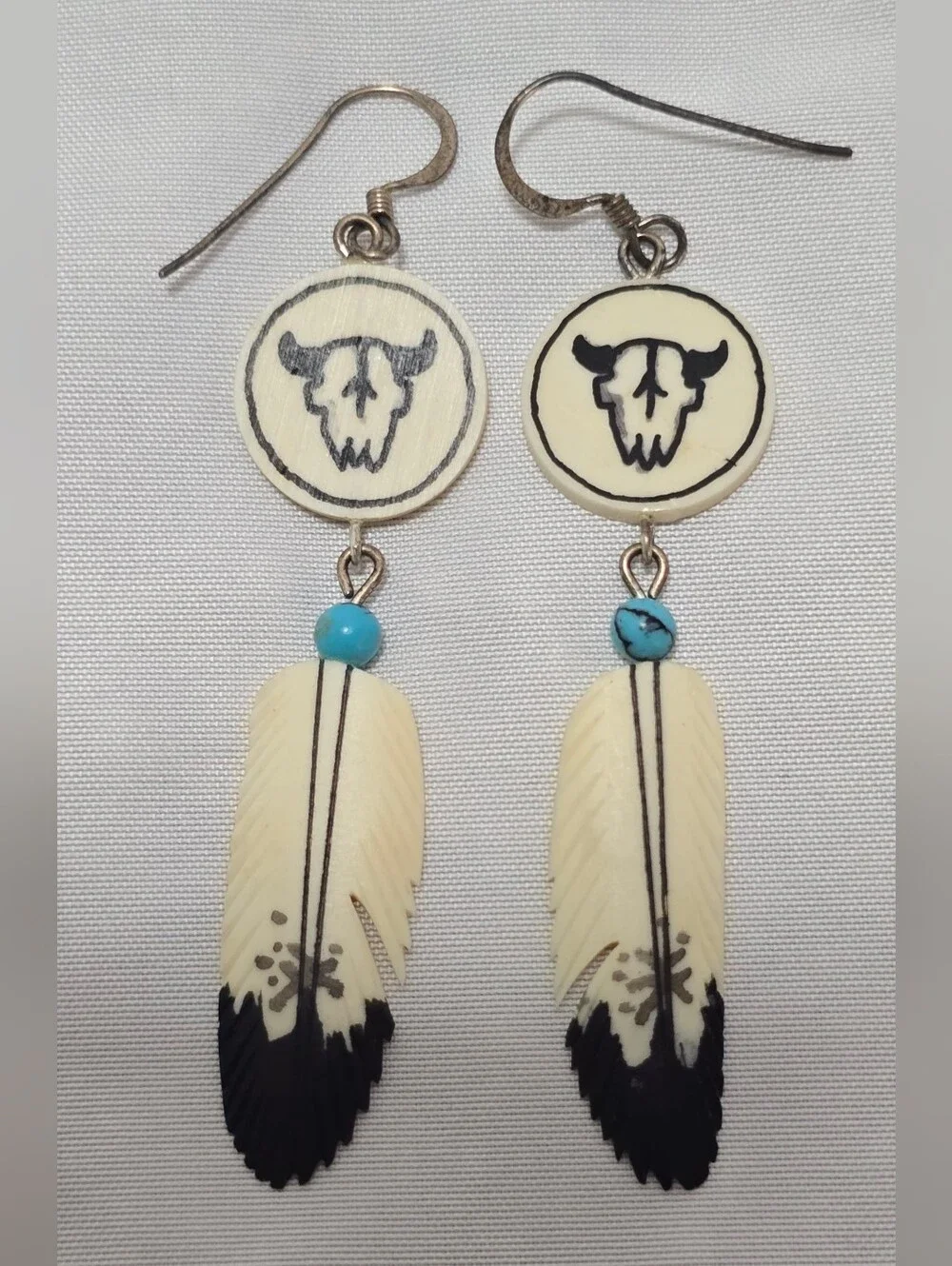 Vintage Style Buffalo Skull Feather Dangle Earrings Turquoise Western Boho